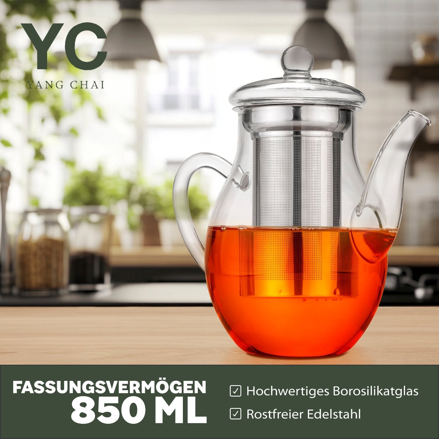 YC Yang Chai Teekanne aus Glas mit Teesieb 850 ml - Teekanne aus mundgeblasenem Glas, klar