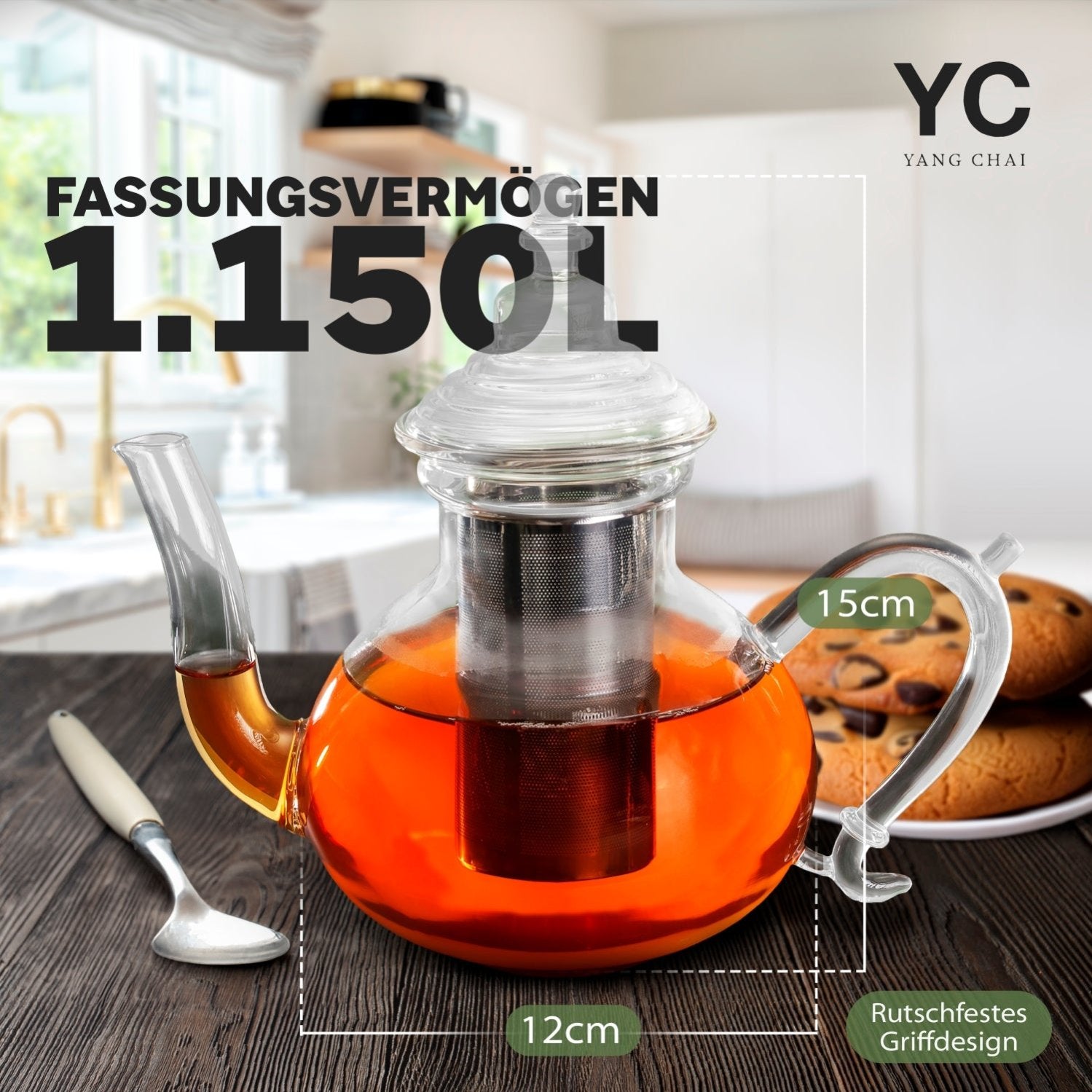 YC Yang Chai Teekanne Glas (1150 ml) mit Siebeinsatz aus rostfreiem 304 Edelstahl