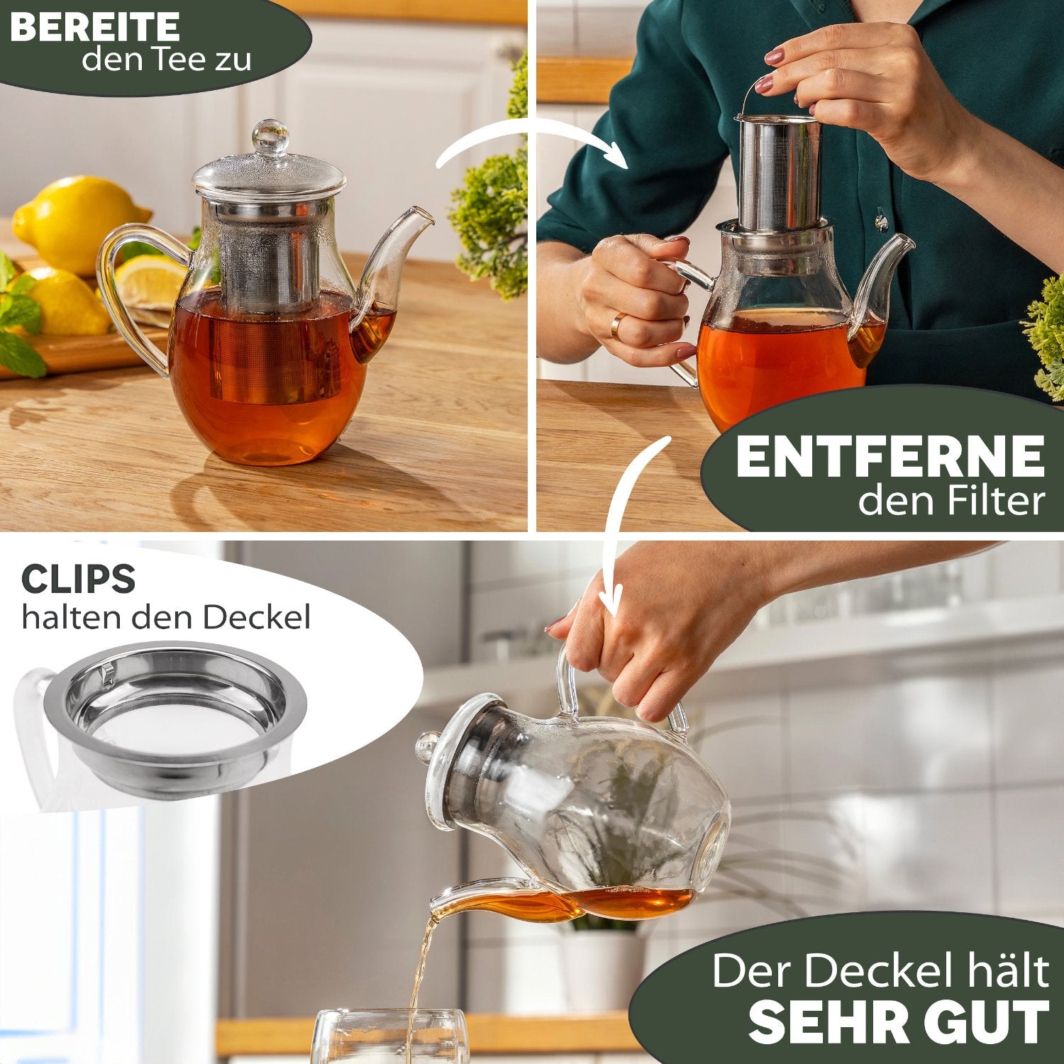 YC Yang Chai Teekanne aus Glas mit Teesieb 850 ml - Teekanne aus mundgeblasenem Glas, klar