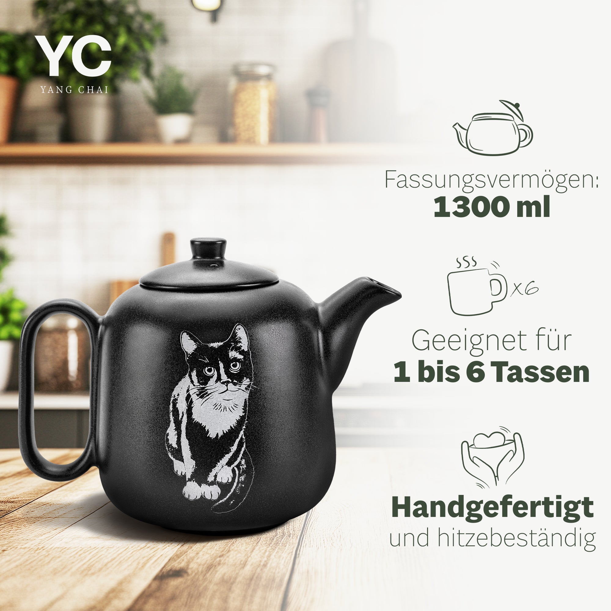 YC Yang Chai Teekanne mit Siebeinsatz (1,3L) - Teekanne Keramik mit Sieb - Handgefertigte Keramik Tee Kanne