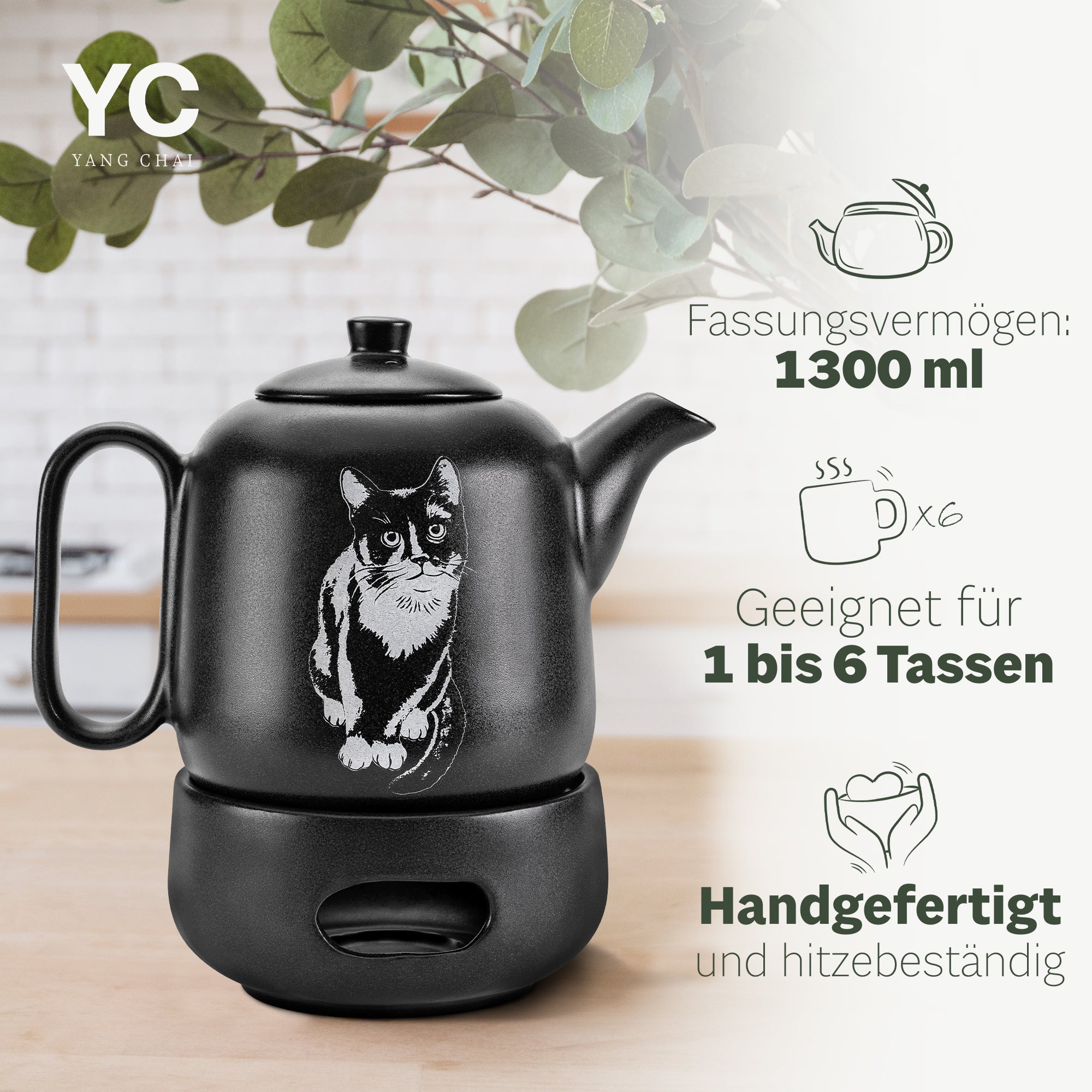 YC Yang Chai Teekanne mit Stövchen - Keramik Schwarz Matt 1.3L - Teekanne mit Siebeinsatz
