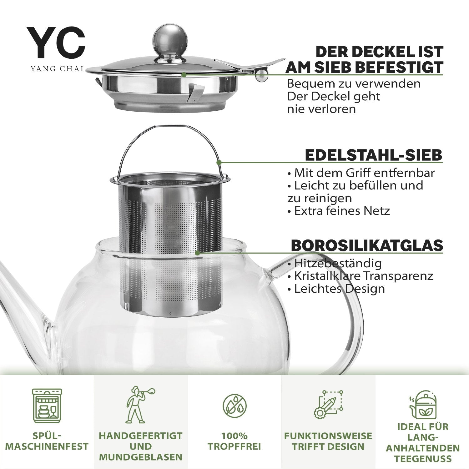 YC Yang Chai Teekanne mit Siebeinsatz 800ml - Teekanne Glas