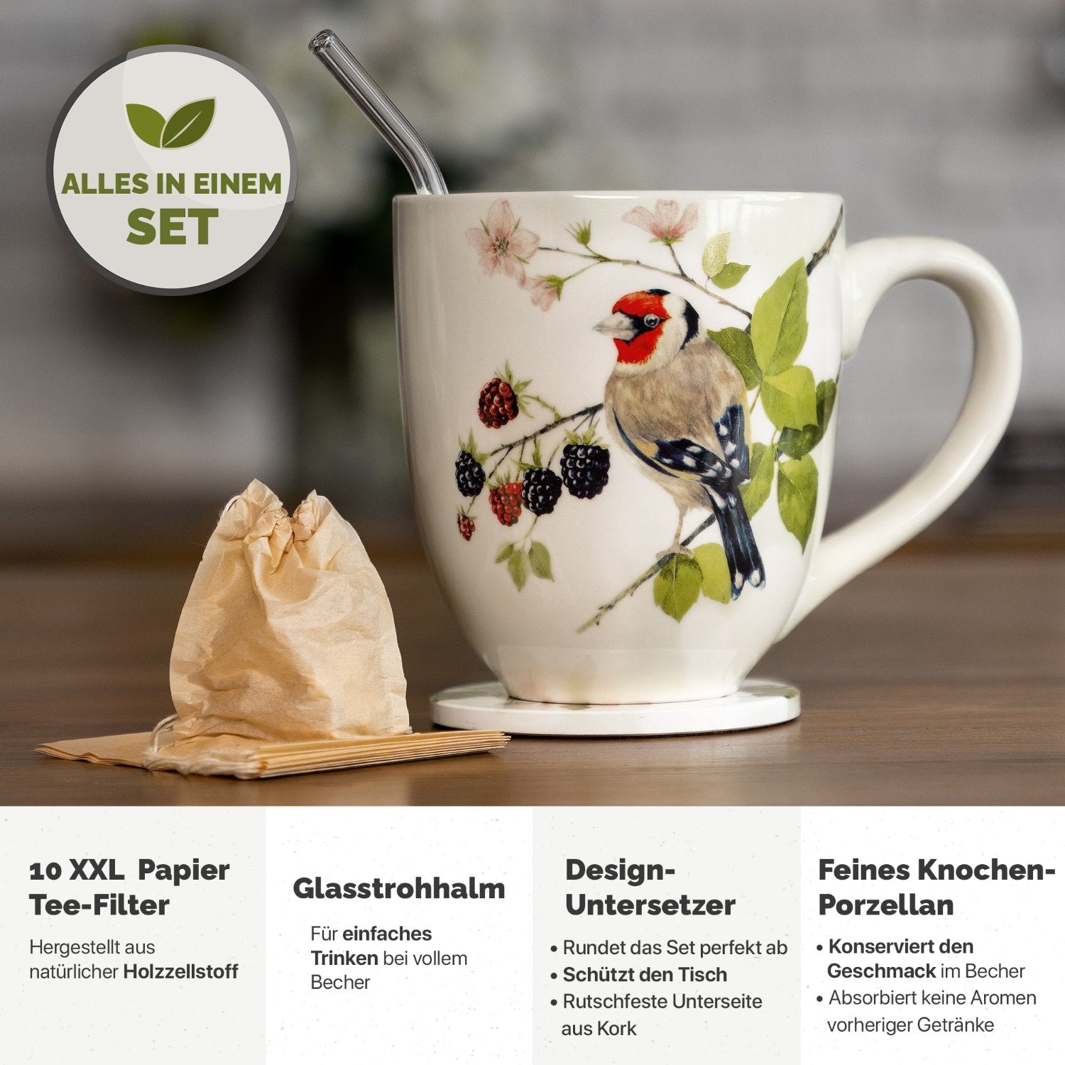 XXL Tasse Groß aus Knochen Porzellan - Große Teetasse - Jumbo Tasse Geschenkset mit Untersetzer - Kaffeetasse, Riesentasse, Trinkbecher, Riesenbecher - YC Berry Birdy