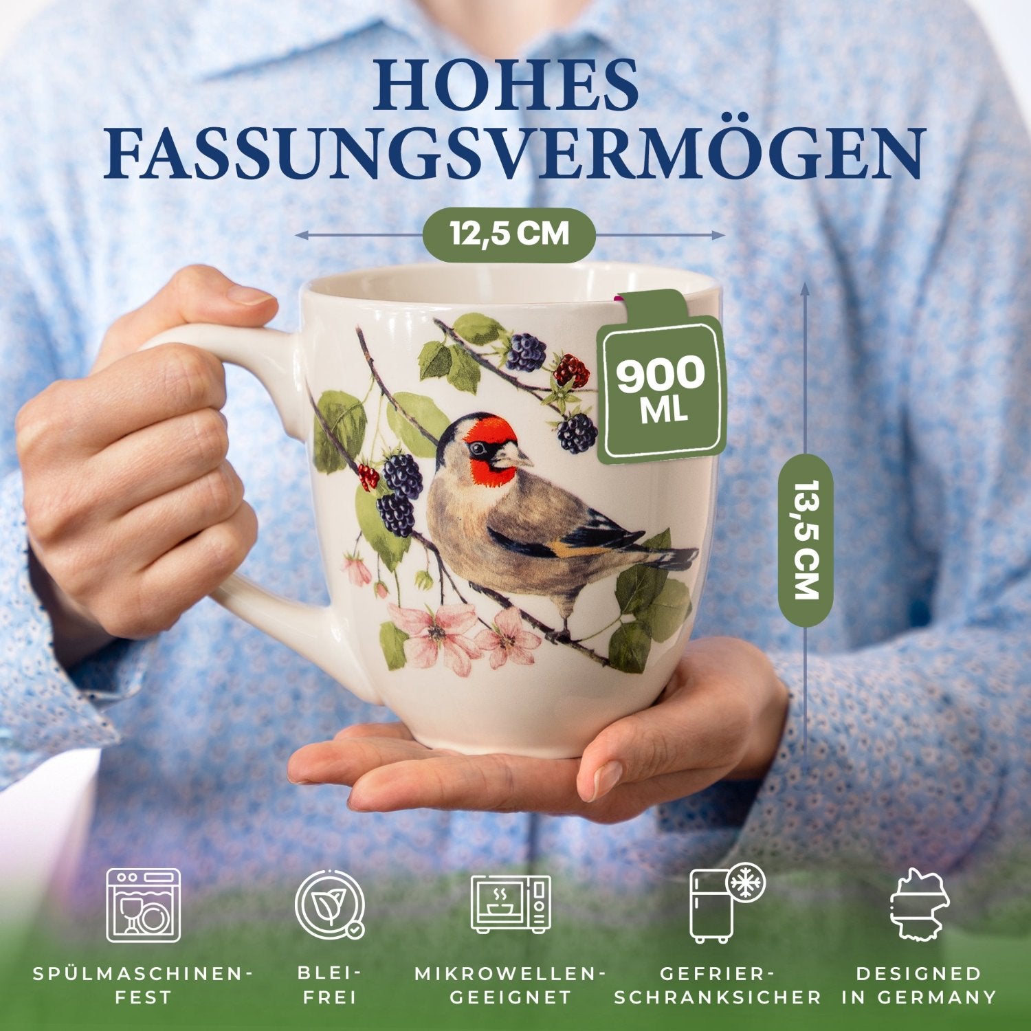 XXL Tasse Groß aus Knochen Porzellan - Große Teetasse - Jumbo Tasse Geschenkset mit Untersetzer - Kaffeetasse, Riesentasse, Trinkbecher, Riesenbecher - YC Berry Birdy
