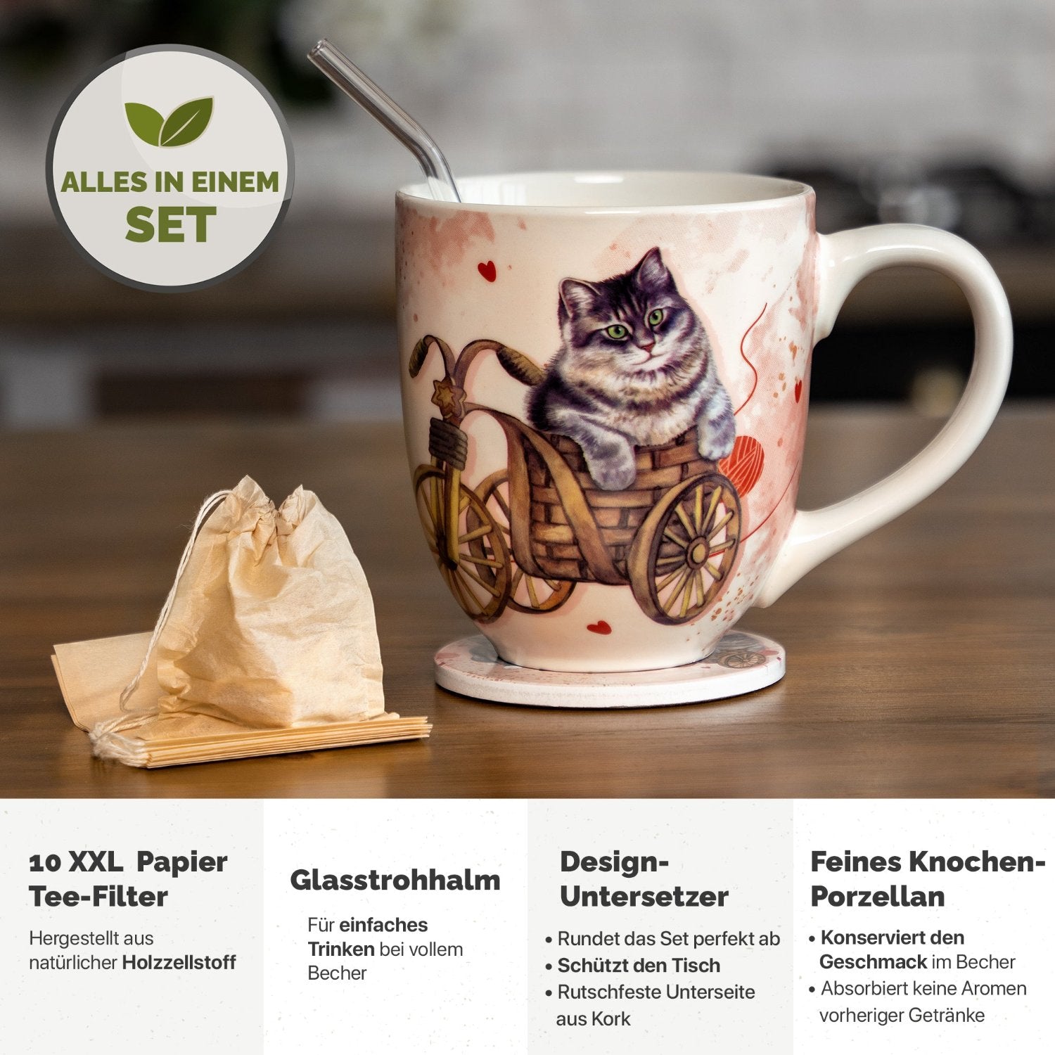 YC YANG CHAI Jumbotasse 900ml - große Teetasse - Tasse Geschenkset mit Untersetzer