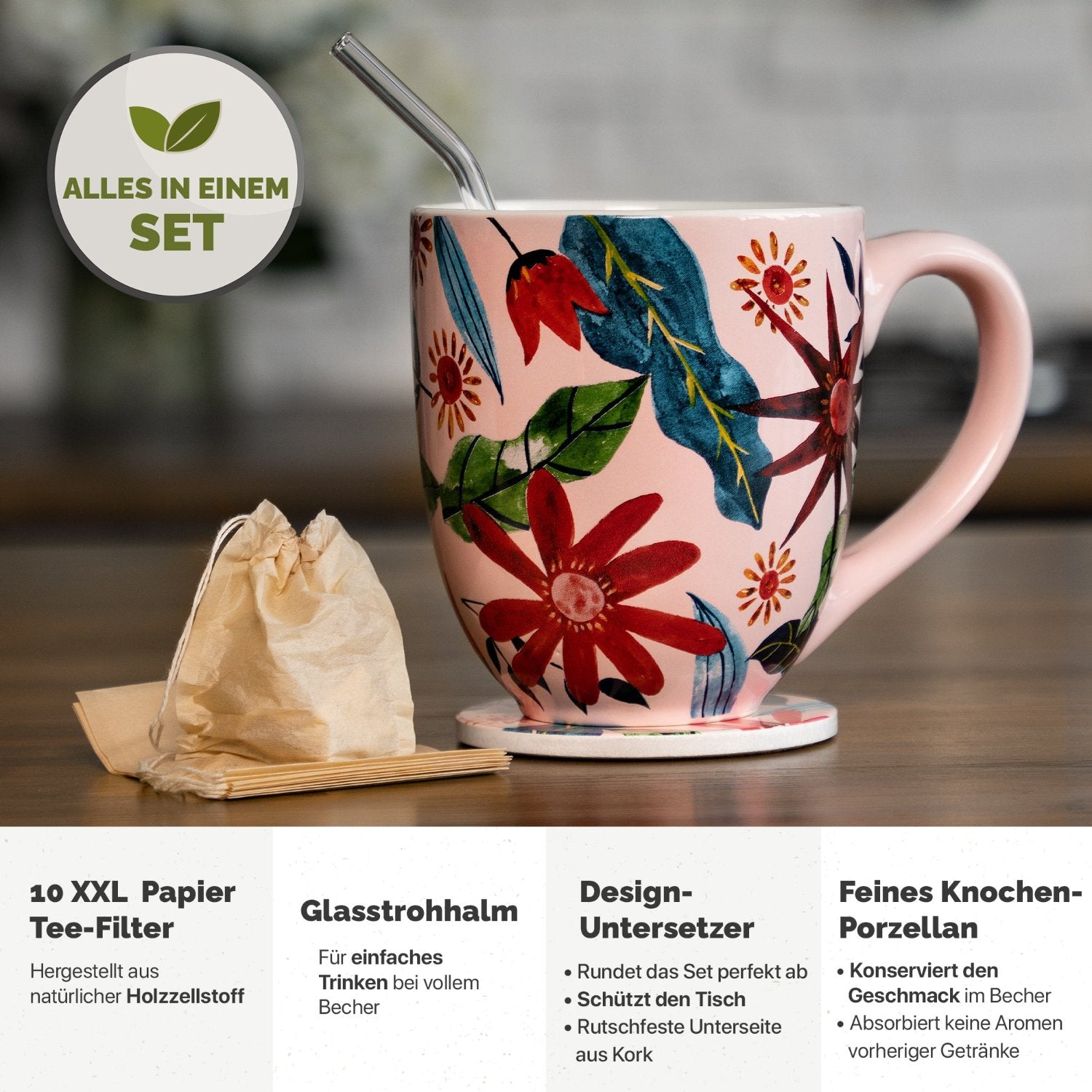Jumbo Tasse Geschenkset mit Untersetzer - Kaffeetasse, Riesentasse, Trinkbecher, Riesenbecher, Jumbo Becher - YC Sunflower