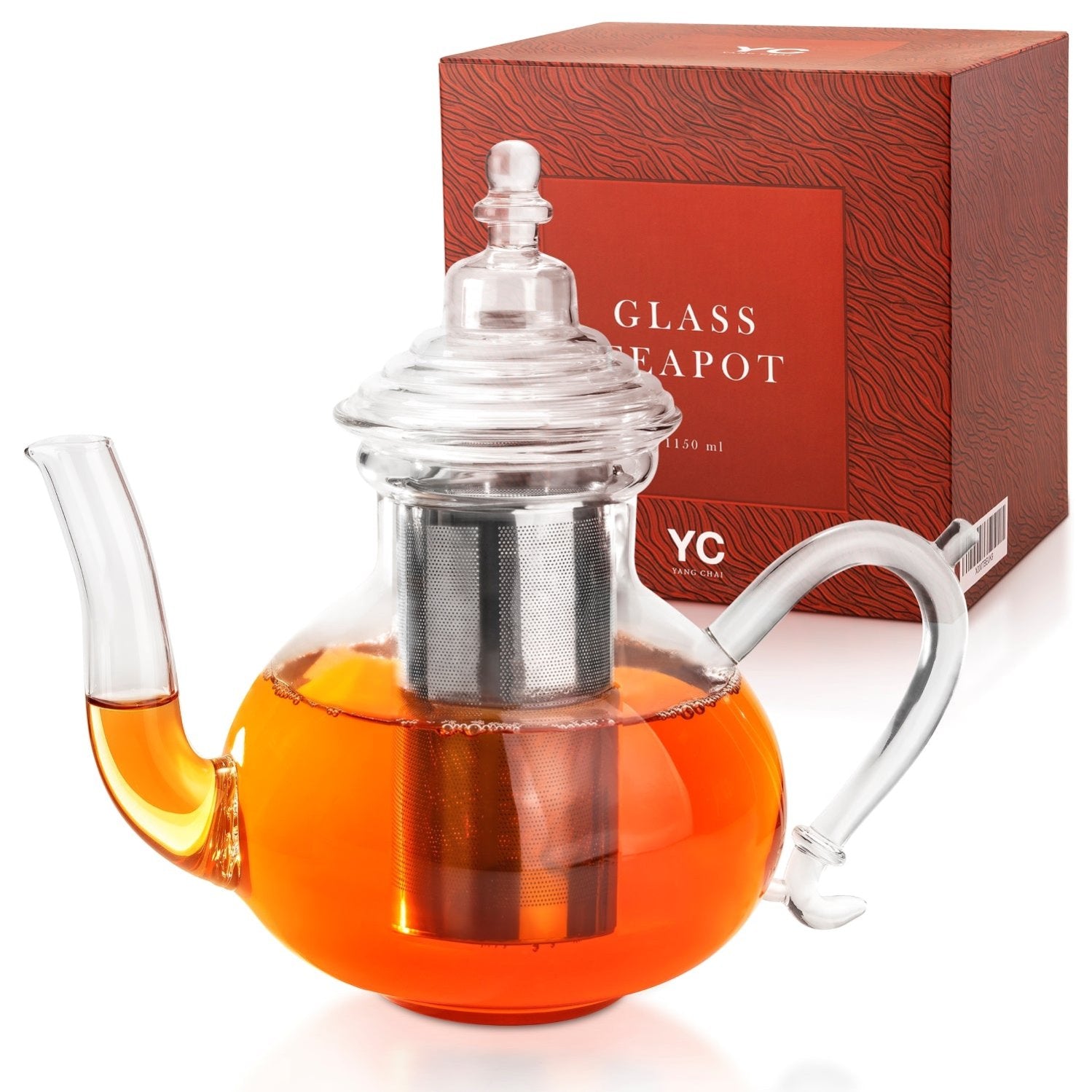 YC Yang Chai Teekanne Glas (1150 ml) mit Siebeinsatz aus rostfreiem 304 Edelstahl