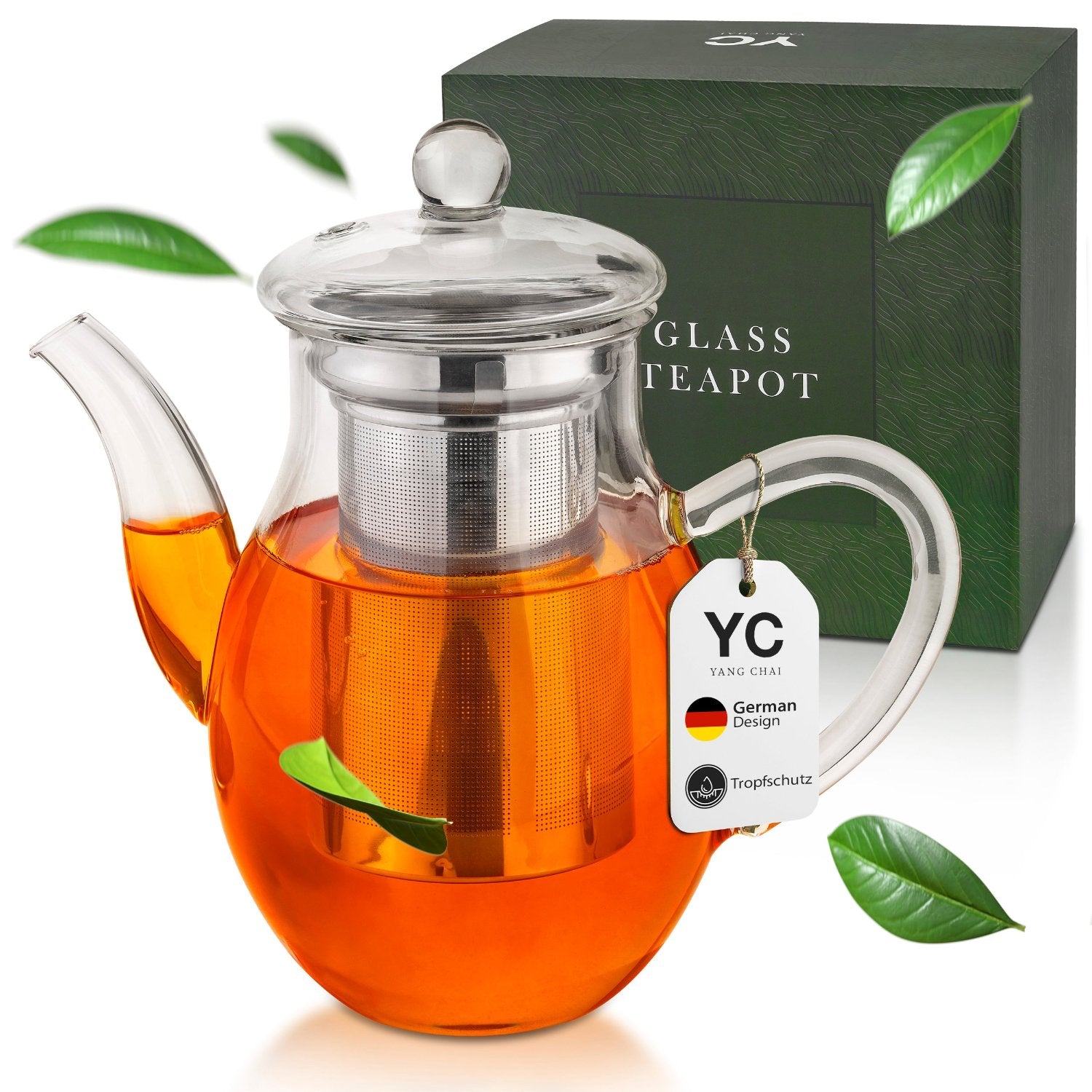 YC Yang Chai Teekanne aus Glas mit Teesieb 850 ml - Teekanne aus mundgeblasenem Glas, klar