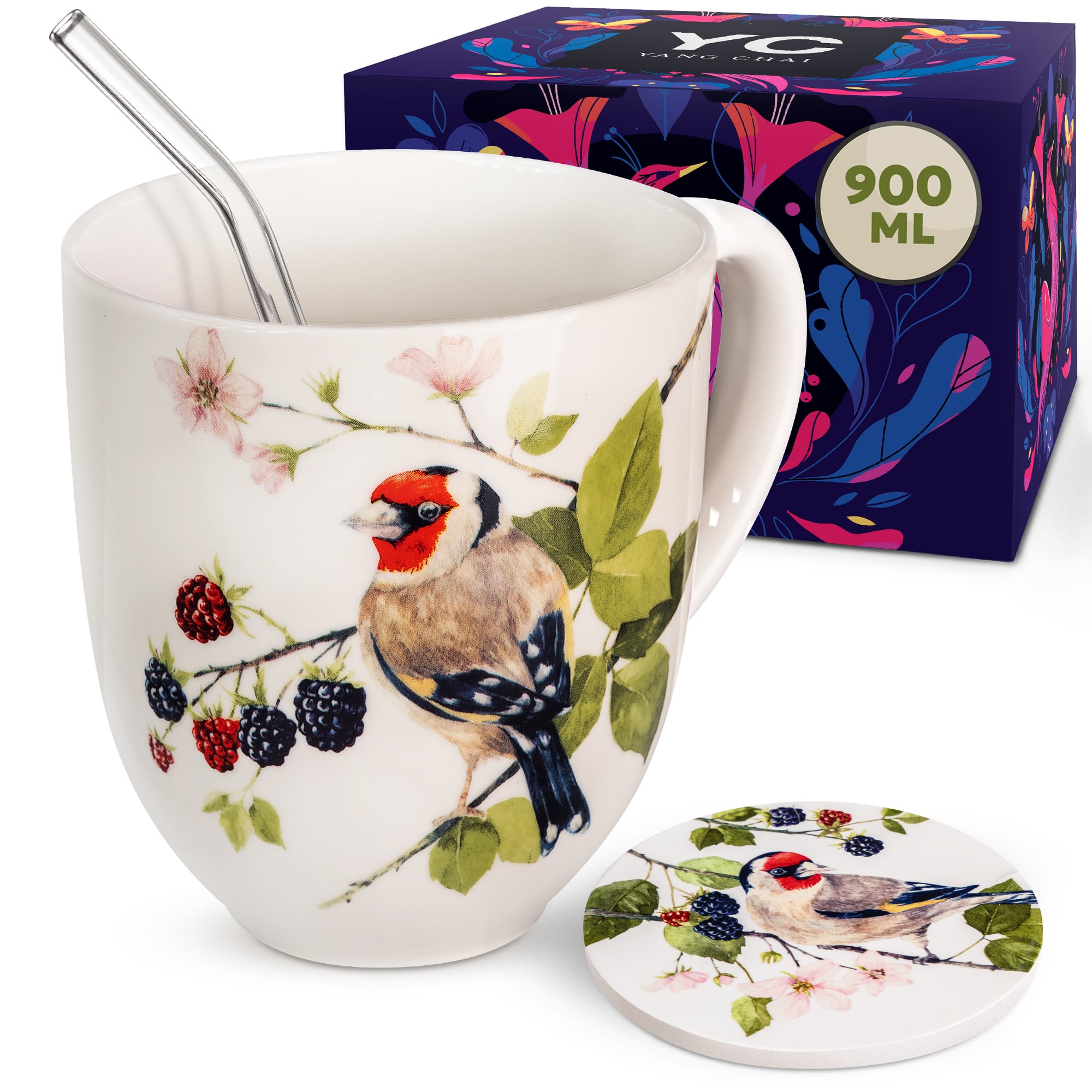 XXL Tasse Groß aus Knochen Porzellan - Große Teetasse - Jumbo Tasse Geschenkset mit Untersetzer - Kaffeetasse, Riesentasse, Trinkbecher, Riesenbecher - YC Berry Birdy