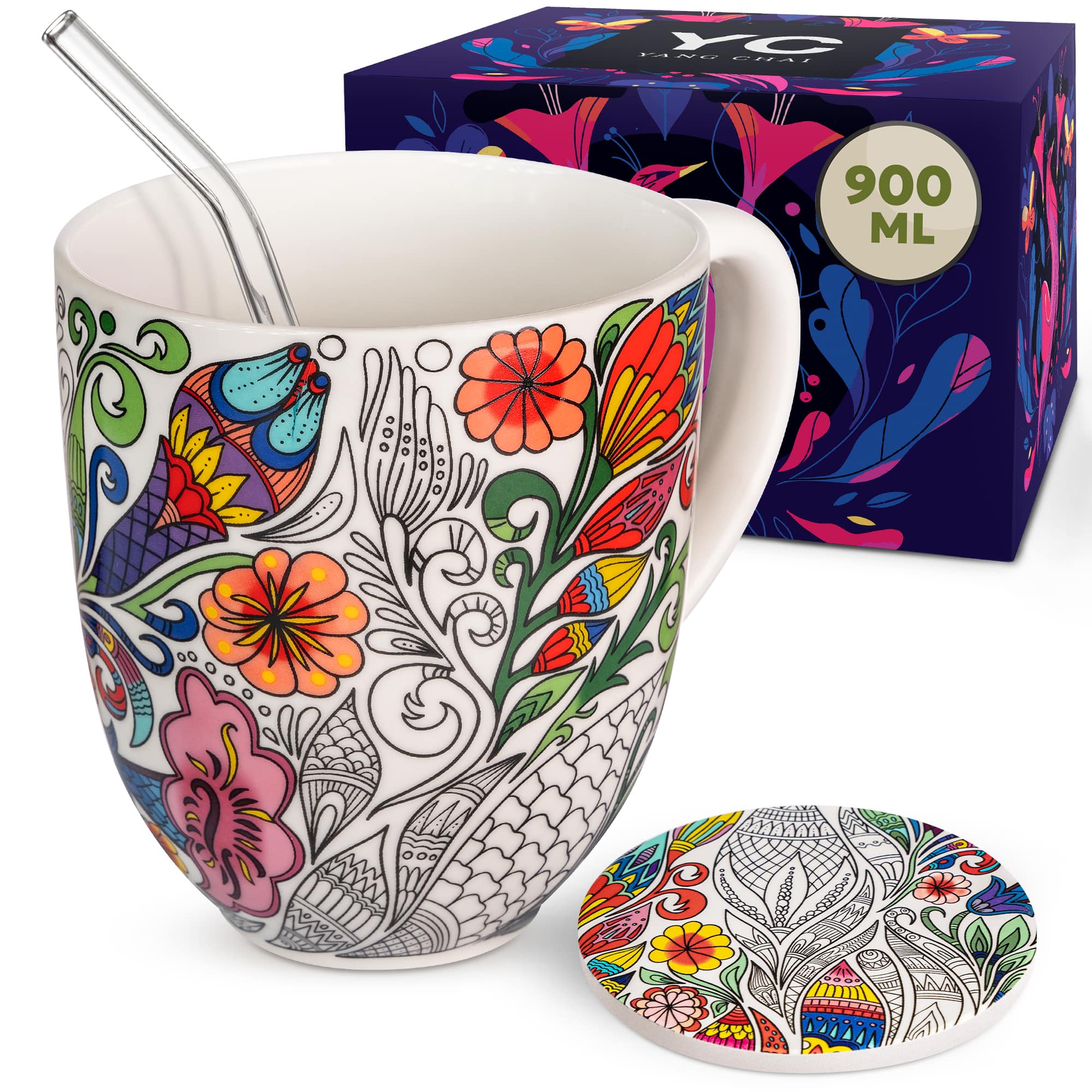 Yang Chai Jumbotasse 900ml - kaufen XXL Tasse Geschenkset mit Untersetzer - Kaffeetasse Riesentasse Trinkbecher