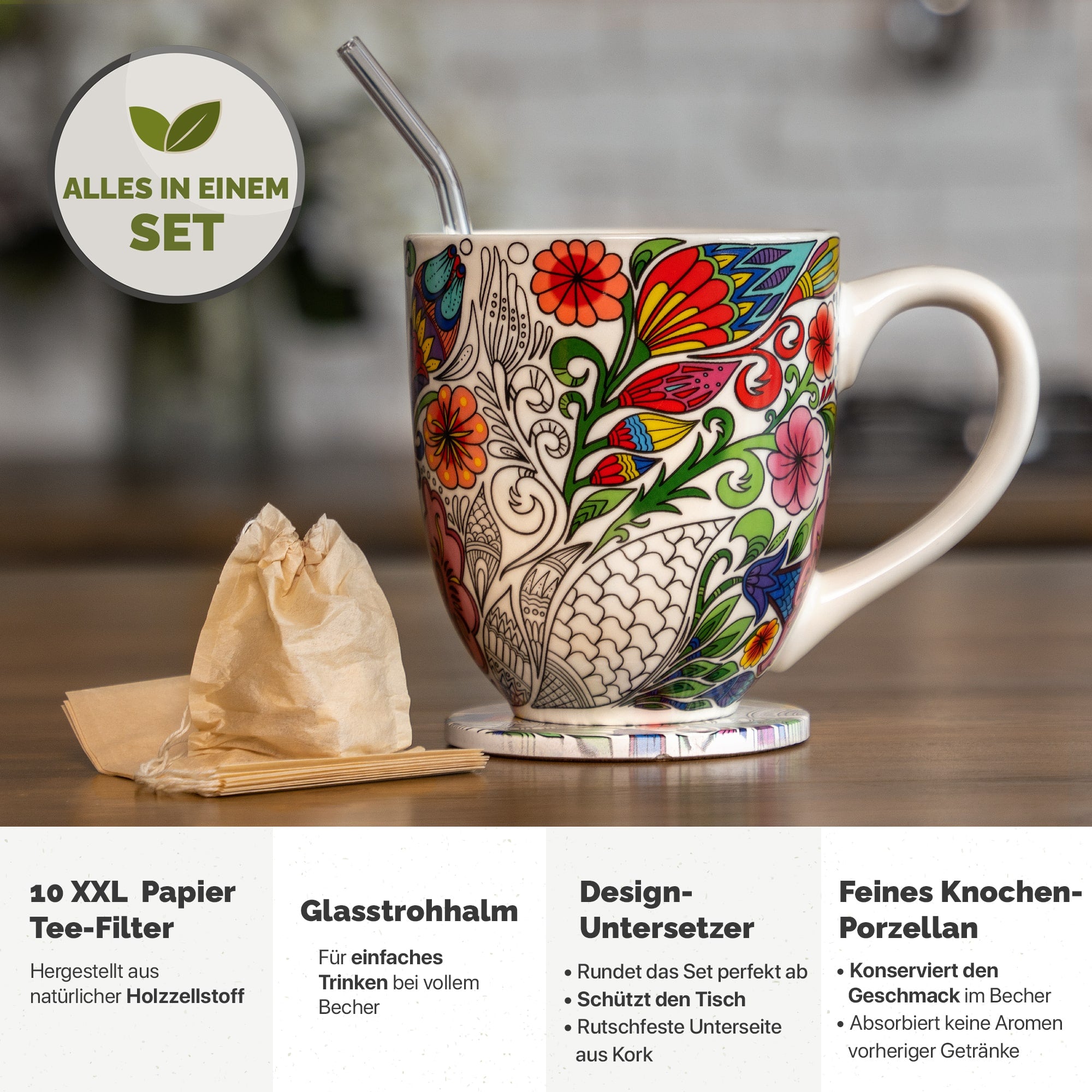 Yang Chai Jumbotasse 900ml - kaufen XXL Tasse Geschenkset mit Untersetzer - Kaffeetasse Riesentasse Trinkbecher