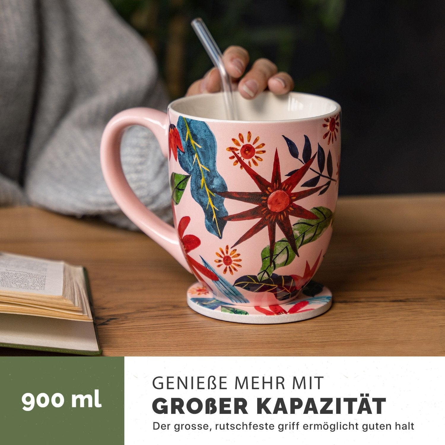 Yang Chai Jumbotasse 900ml - online kaufen XXL Tasse Geschenkset mit Untersetzer - Kaffeetasse Riesentasse Trinkbecher