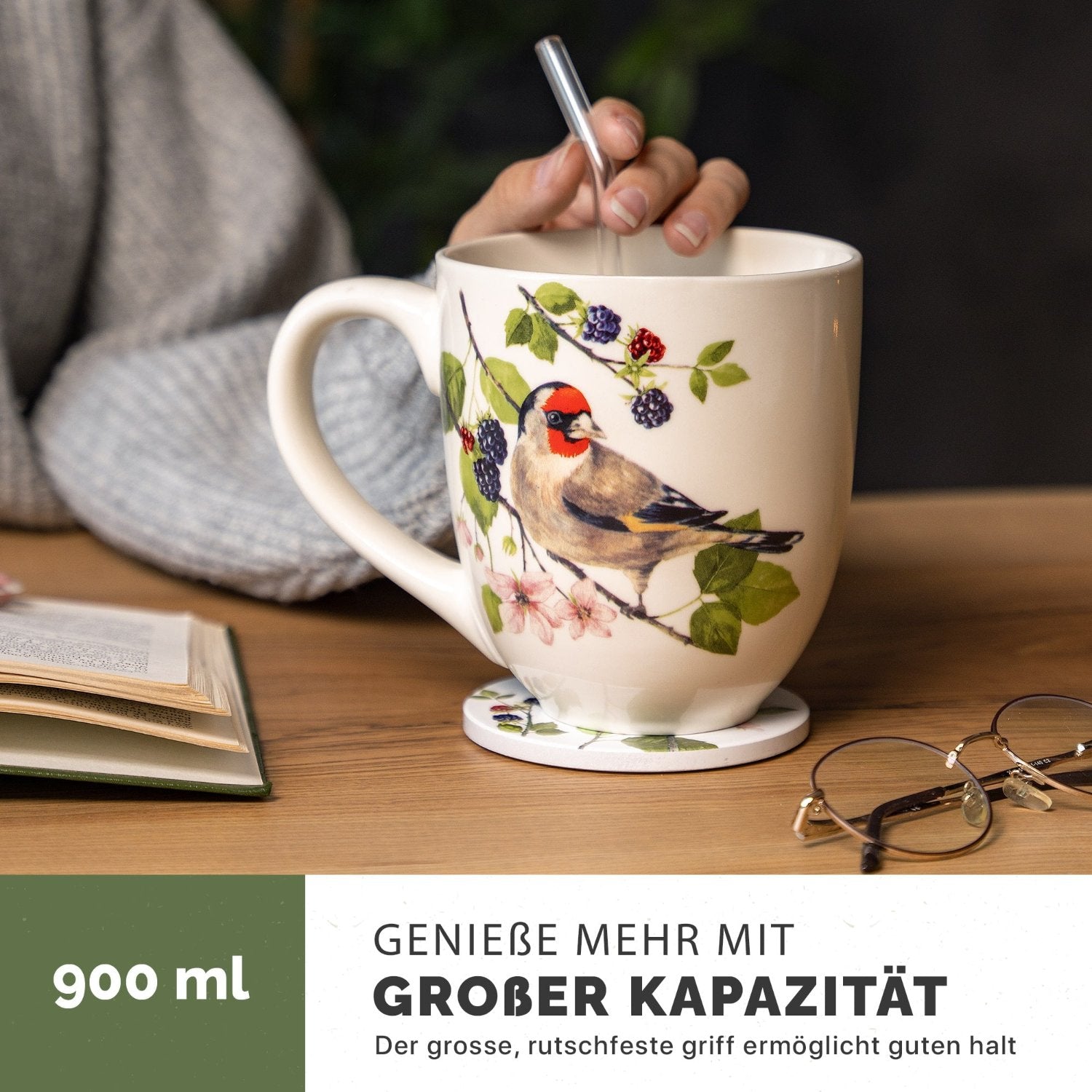XXL Tasse Groß aus Knochen Porzellan - Große Teetasse - Jumbo Tasse Geschenkset mit Untersetzer - Kaffeetasse, Riesentasse, Trinkbecher, Riesenbecher - YC Berry Birdy