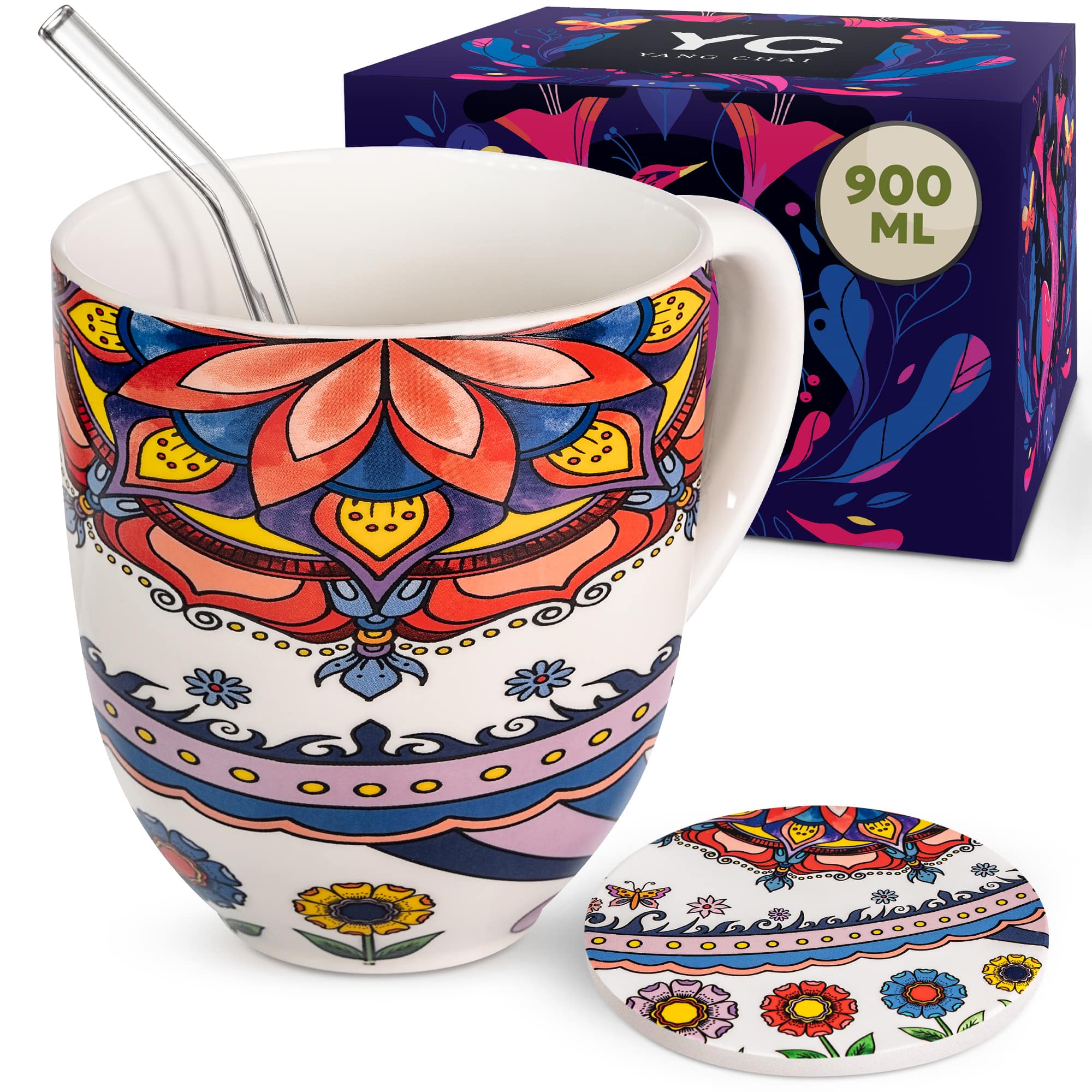 Yang Chai Jumbotasse 900ml - große Teetasse - XXL Tasse Geschenkset mit Untersetzer