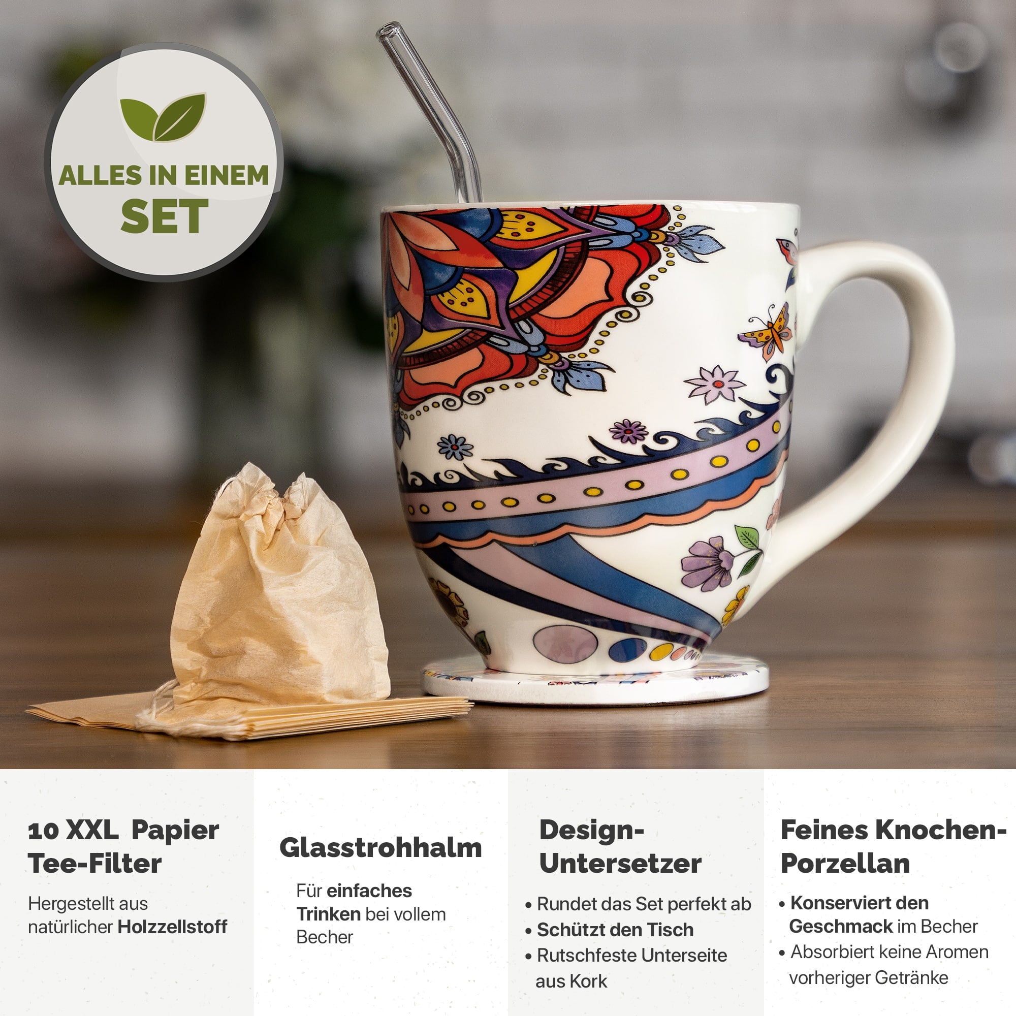 Yang Chai Jumbotasse 900ml - große Teetasse - XXL Tasse Geschenkset mit Untersetzer