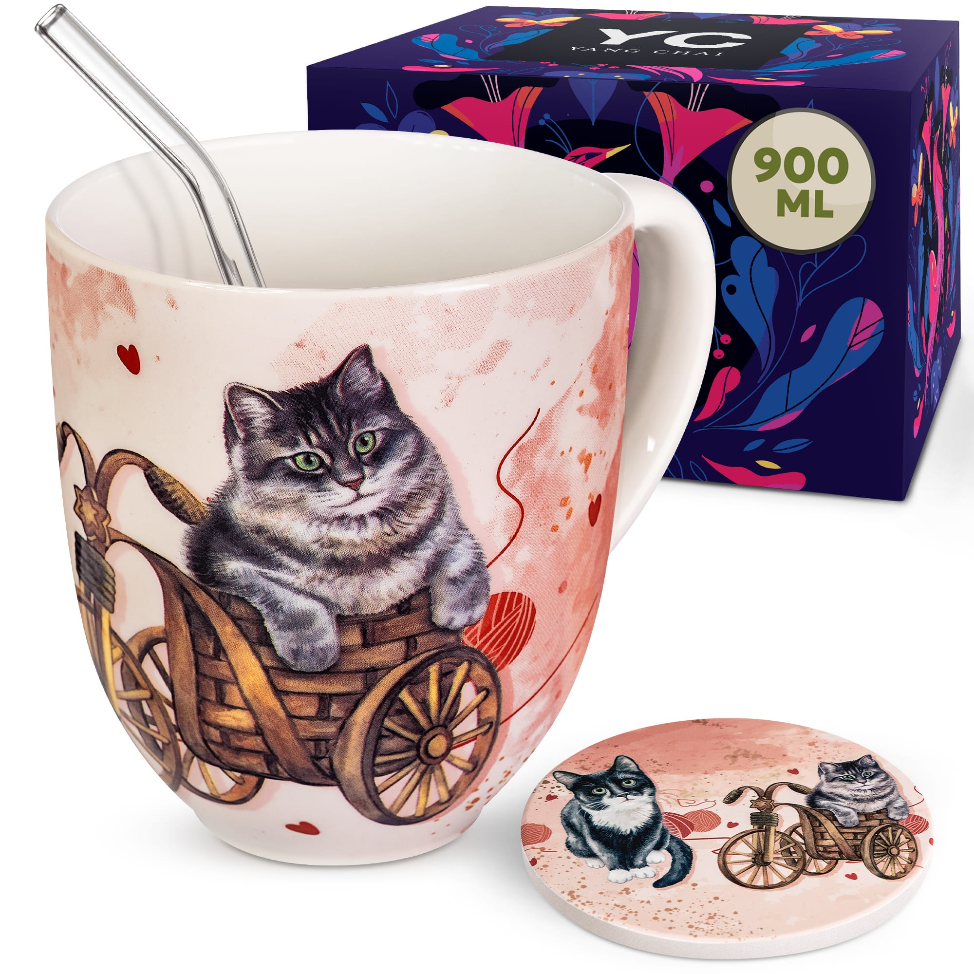 Yang Chai Jumbotasse 900ml - kaufen XXL Tasse Geschenkset mit Untersetzer - Kaffeetasse Riesentasse Trinkbecher