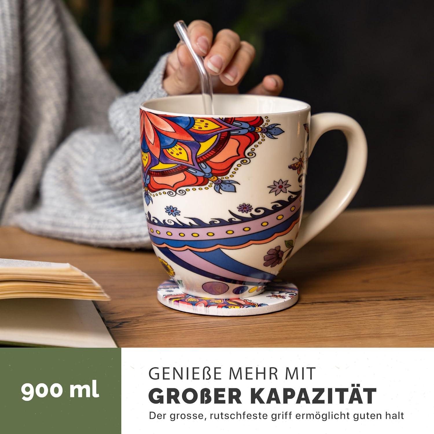 Yang Chai Jumbotasse 900ml - XXL Tasse Geschenkset mit Untersetzer - YC Tranquility