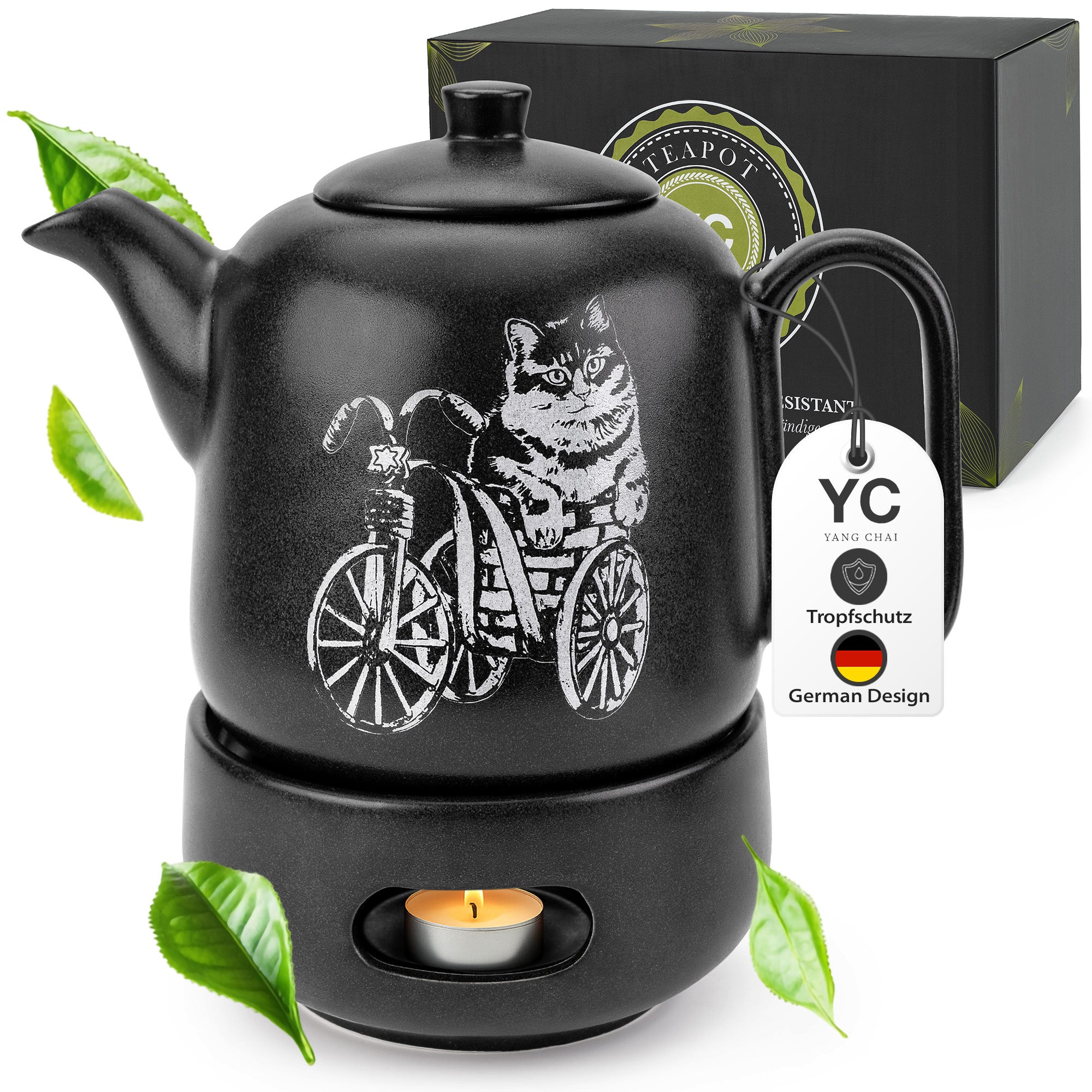 YC Yang Chai Teekanne mit Stövchen - Keramik Schwarz Matt 1.3L - Teekanne mit Siebeinsatz