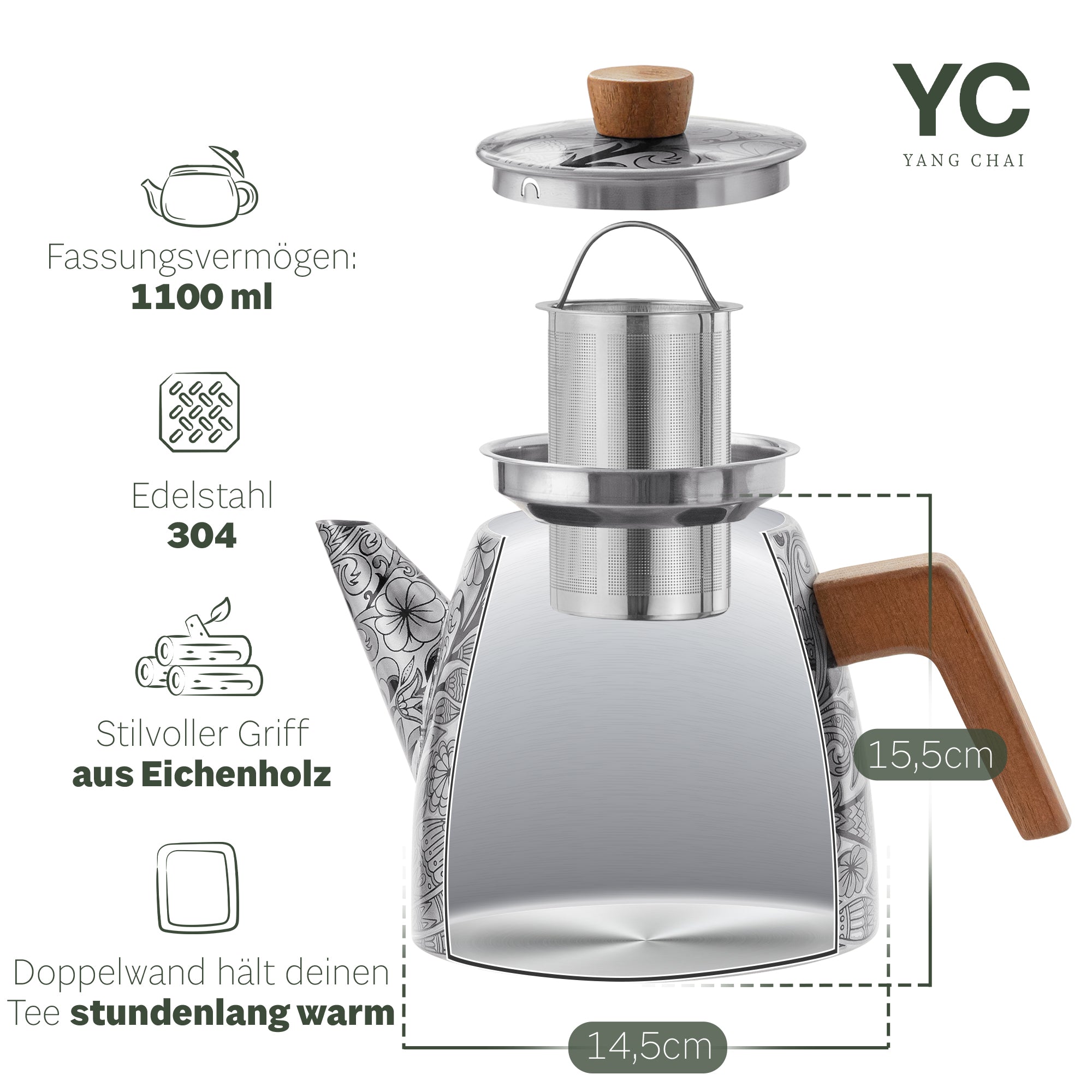 YC Yang Chai Edelstahl Teekanne mit Siebeinsatz (1,1L) - Doppelwandige Thermo Teekanne