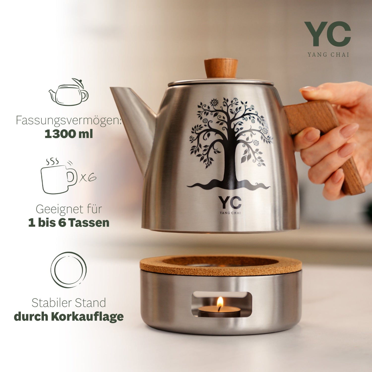 YC Yang Chai Edelstahl Teekanne mit Stövchen (1,3L) - Teekanne mit Sieb aus rostfreiem 304 Edelstahl