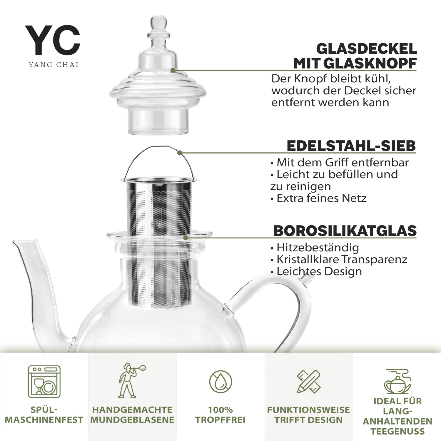 YC Yang Chai Teekanne Glas (1150 ml) mit Siebeinsatz aus 304 Edelstahl I Teapot 