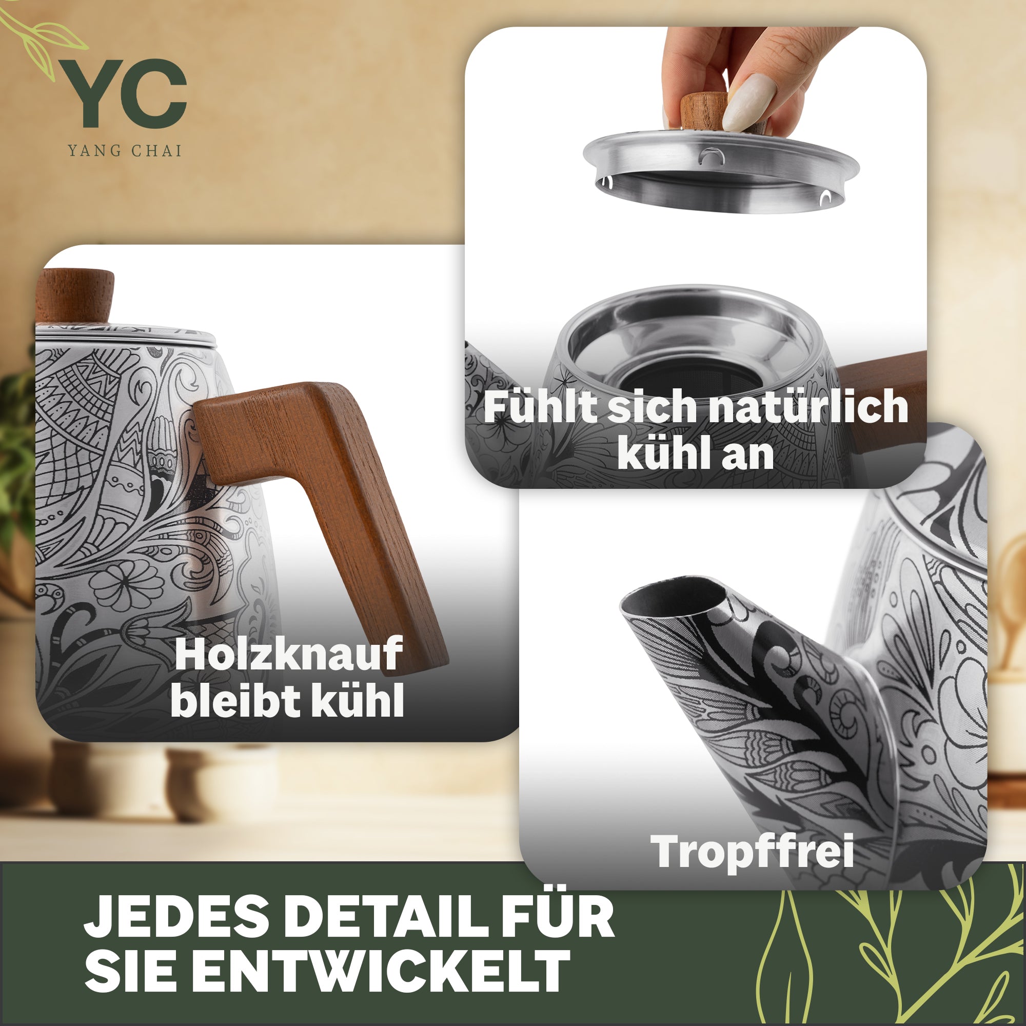 YC Yang Chai Edelstahl Teekanne mit Siebeinsatz (1,1L) - Doppelwandige Thermo Teekanne