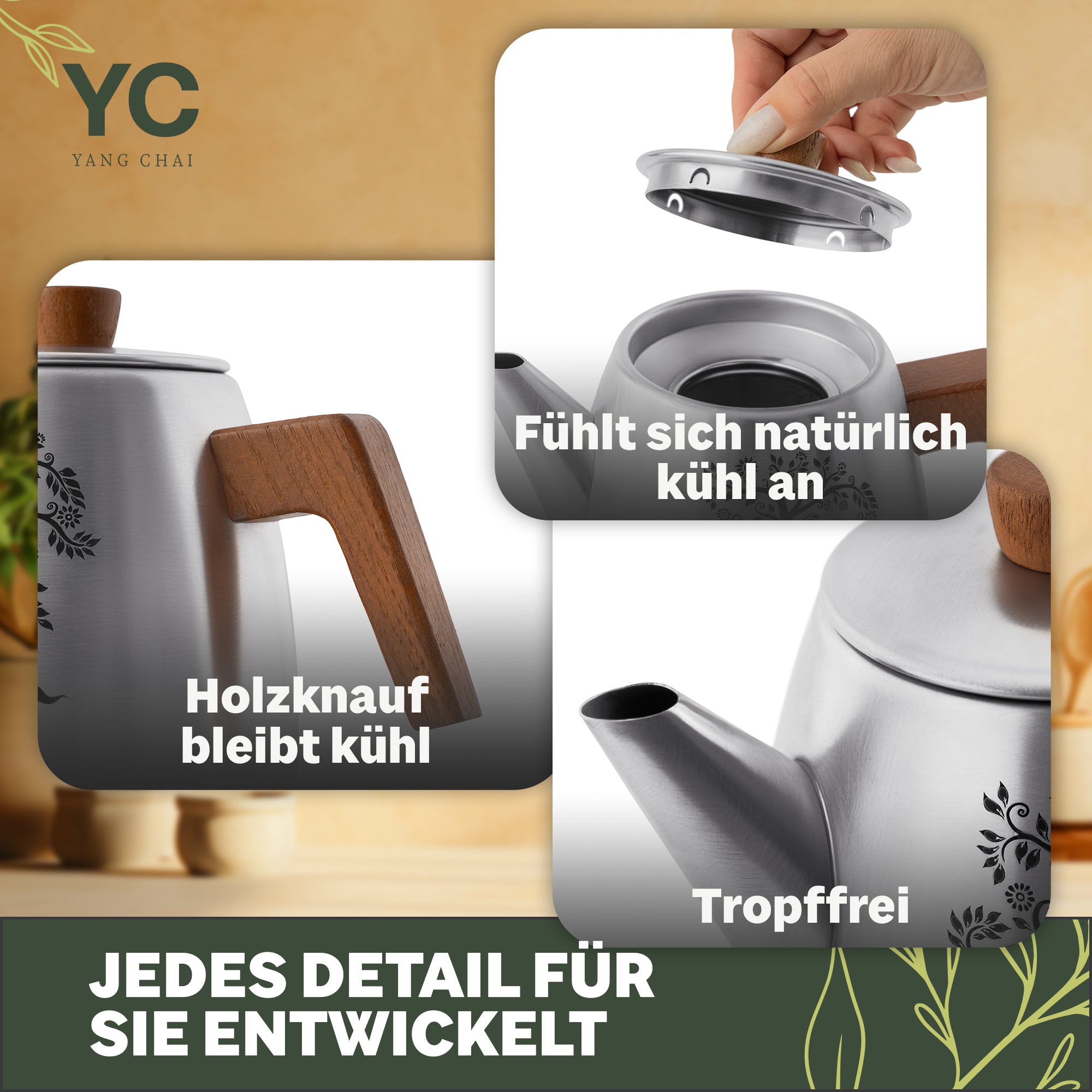 YC Yang Chai Edelstahl Teekanne mit Stövchen (1,3L) - Teekanne mit Sieb aus rostfreiem 304 Edelstahl