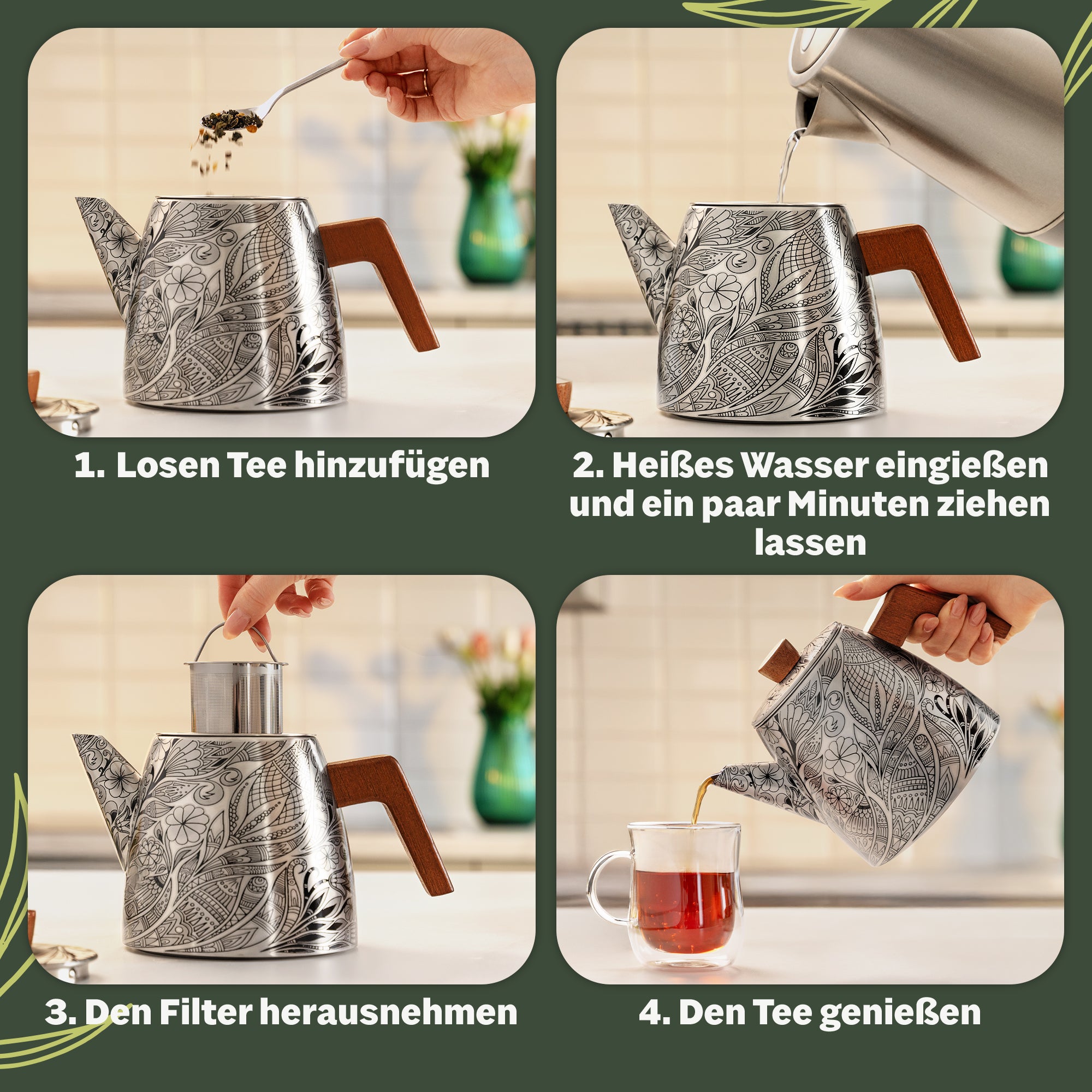 YC Yang Chai Edelstahl Teekanne mit Siebeinsatz (1,1L) - Doppelwandige Thermo Teekanne