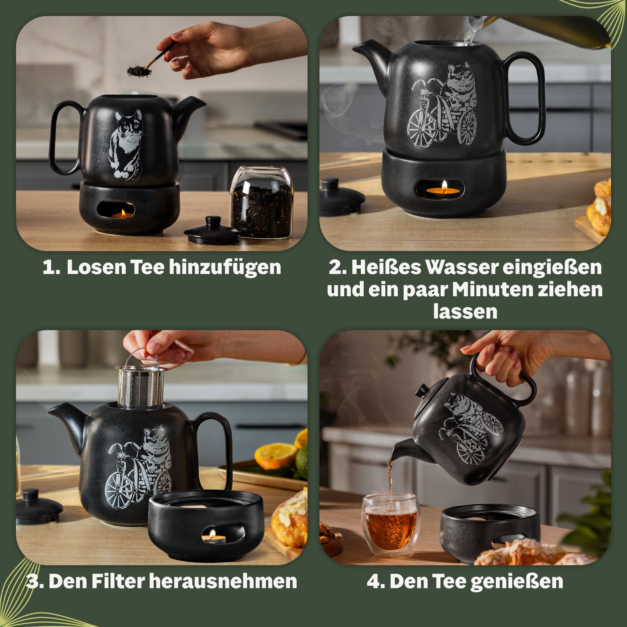 YC Yang Chai Teekanne mit Stövchen - Keramik Schwarz Matt 1.3L - Teekanne mit Siebeinsatz