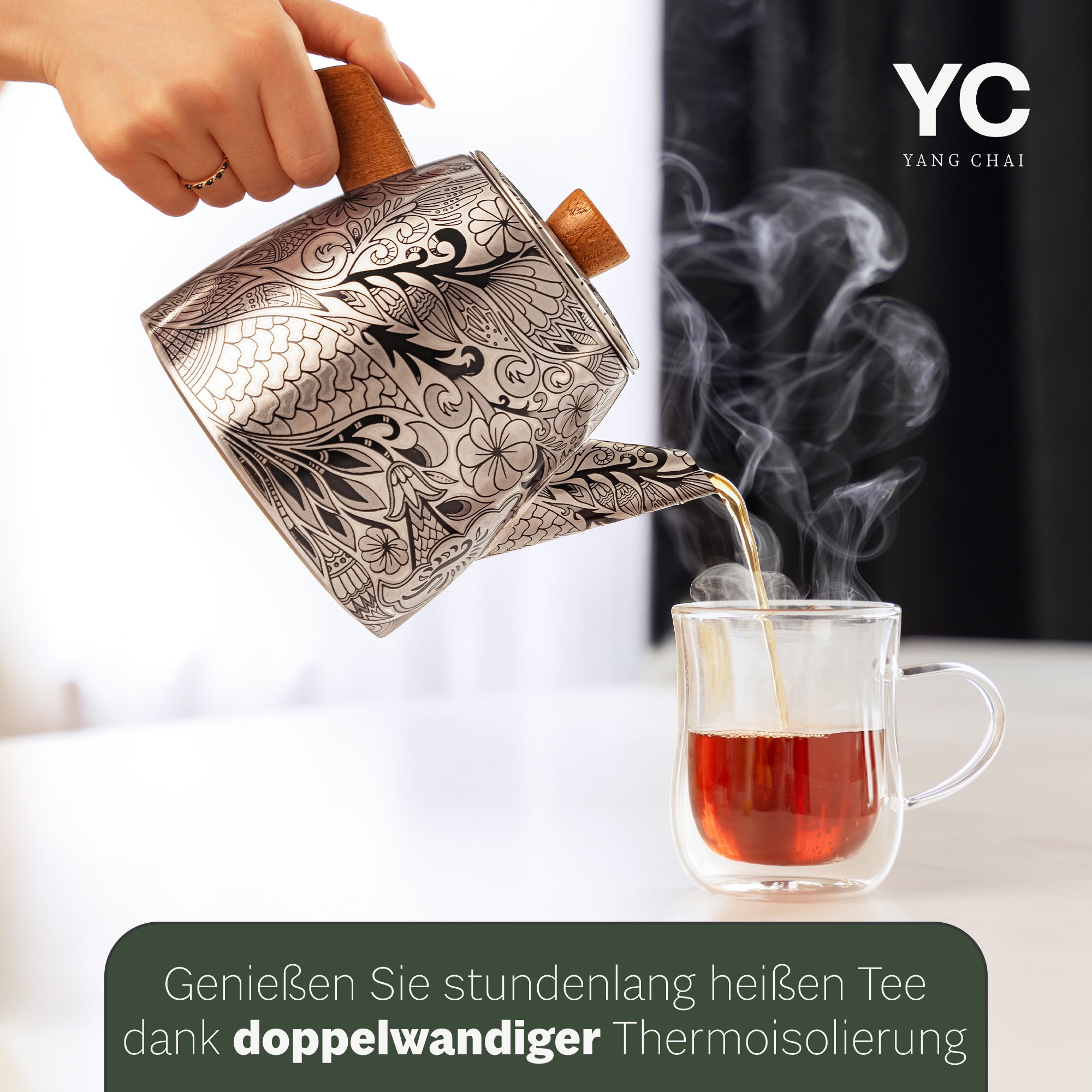 YC Yang Chai Edelstahl Teekanne mit Siebeinsatz (1,1L) - Doppelwandige Thermo Teekanne