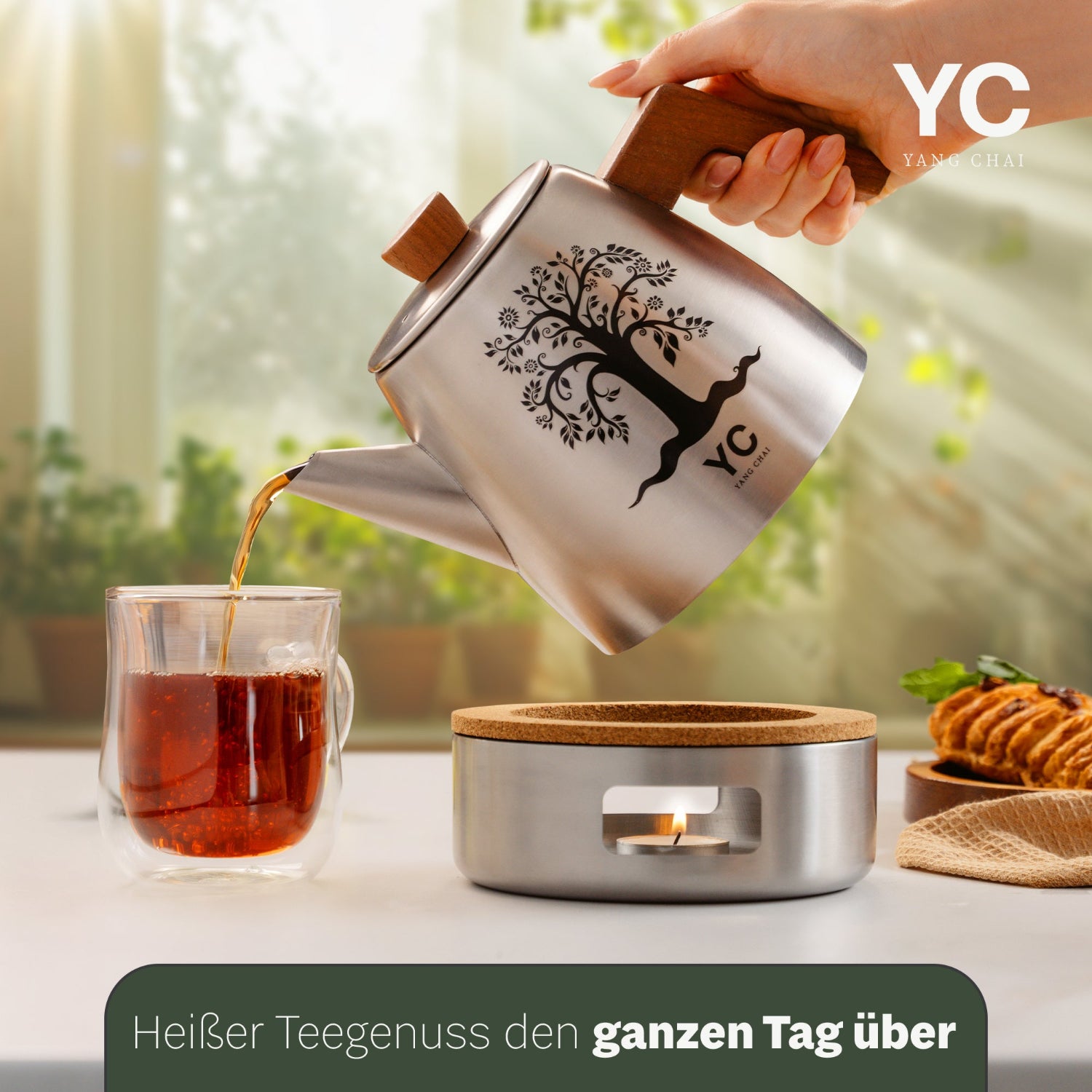 YC Yang Chai Edelstahl Teekanne mit Stövchen (1,3L) - Teekanne mit Sieb aus rostfreiem 304 Edelstahl