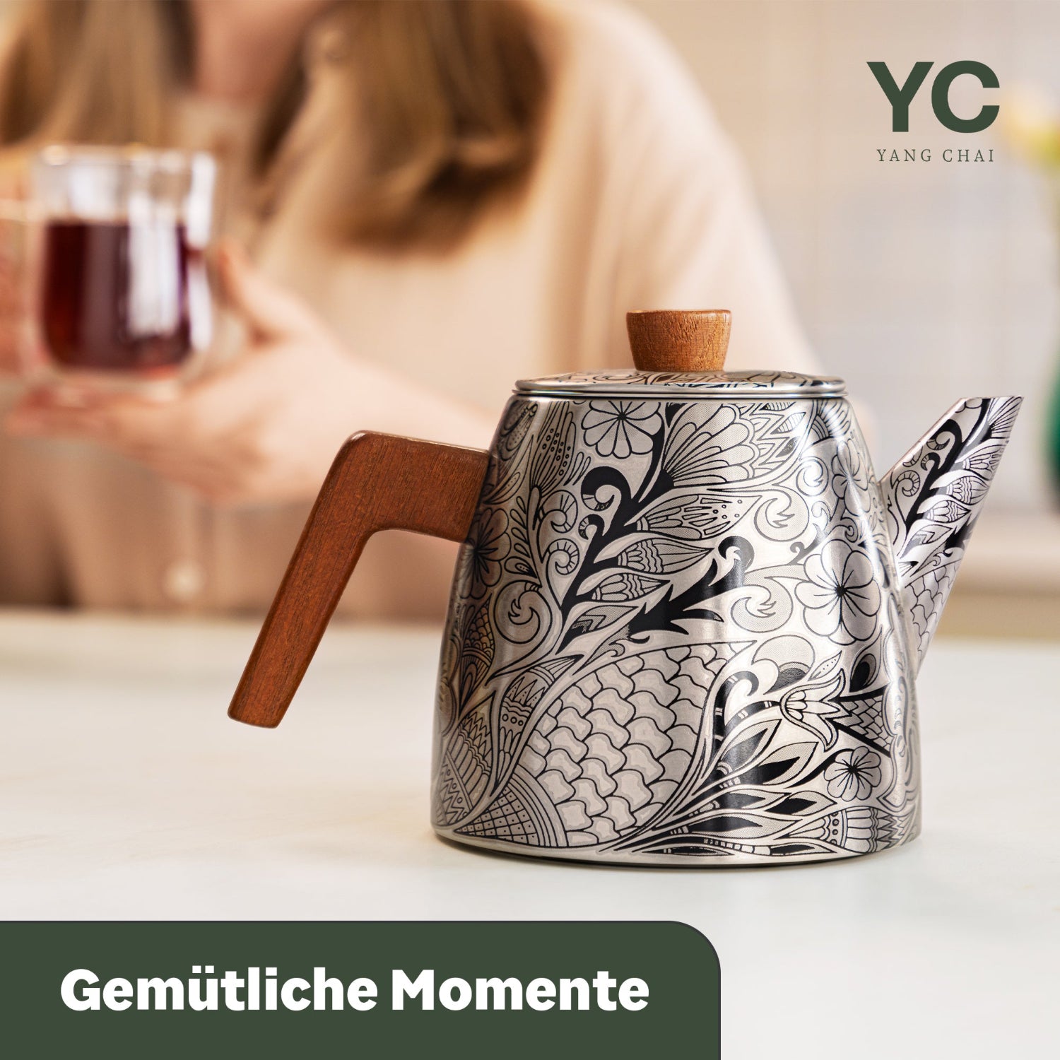 YC Yang Chai Edelstahl Teekanne mit Siebeinsatz (1,1L) - Doppelwandige Thermo Teekanne