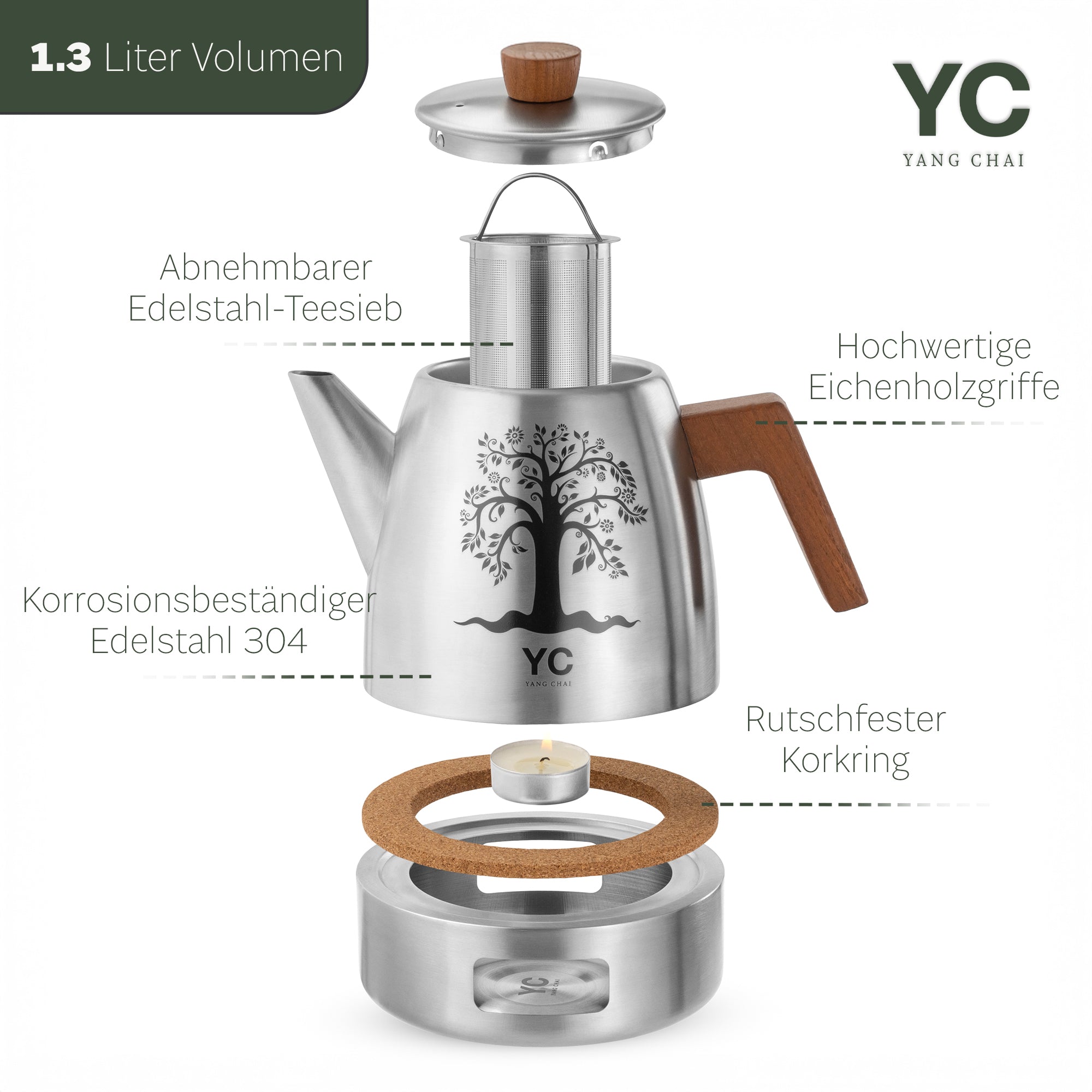 YC Yang Chai Edelstahl Teekanne mit Stövchen (1,3L) - Teekanne mit Sieb aus rostfreiem 304 Edelstahl