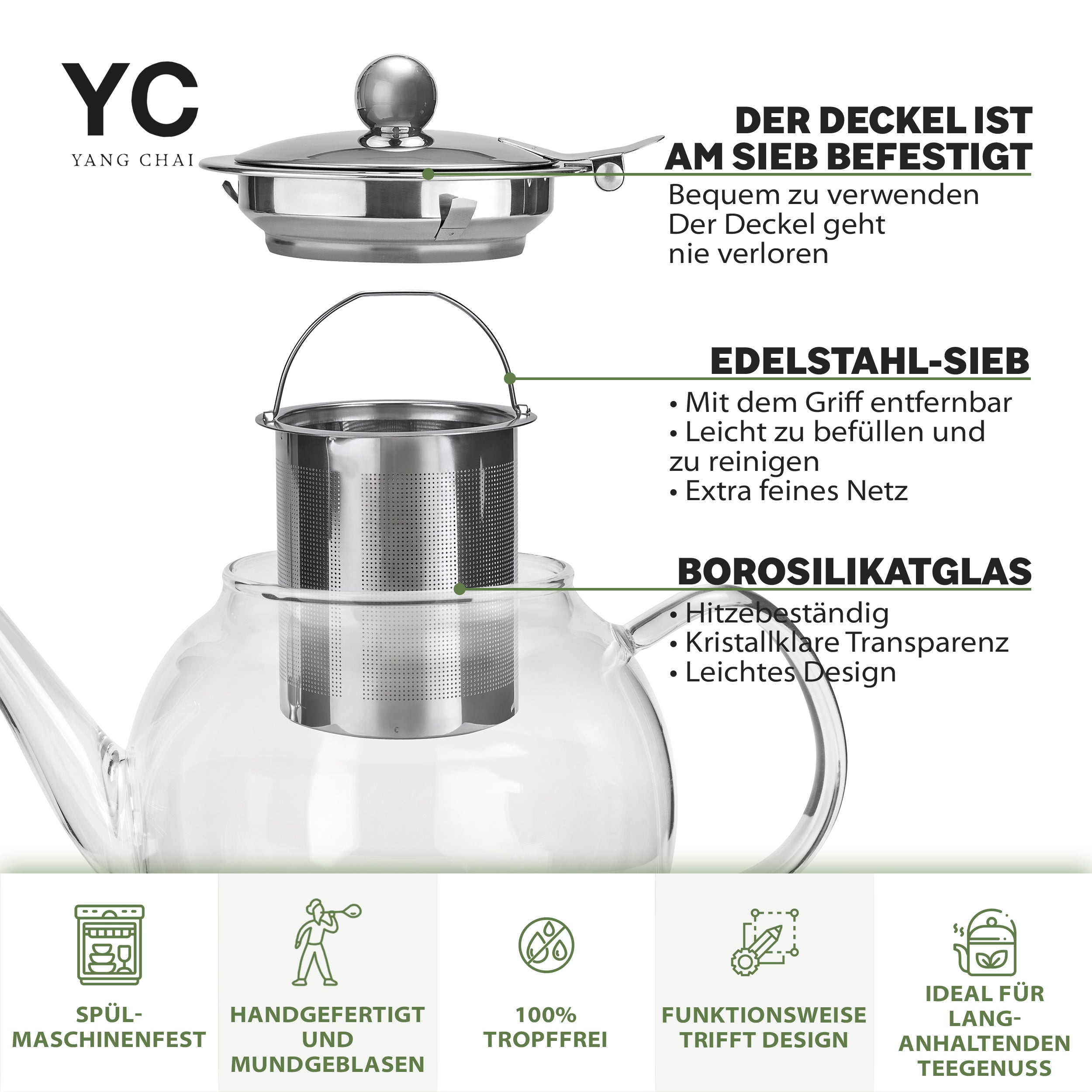 YC Yang Chai Teekanne mit Siebeinsatz 800ml - Teekanne Glas - 100% Tropffrei - YC Seren