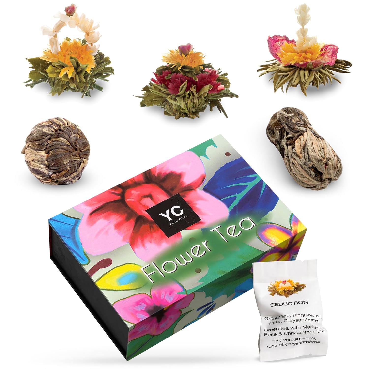 Yang Chai Teeblumen Mix "Admira" - Tee Geschenkset Frauen - 6 Erblühtee in 5 verschiedene Sorten - Grüner Tee - Teerosen, Blooming Tea